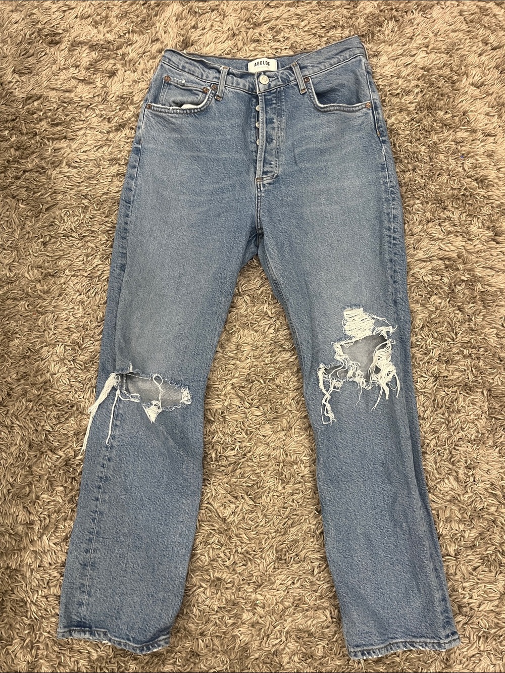 Agolde Light Blue High-Rise Straight Leg Distressed Jeans